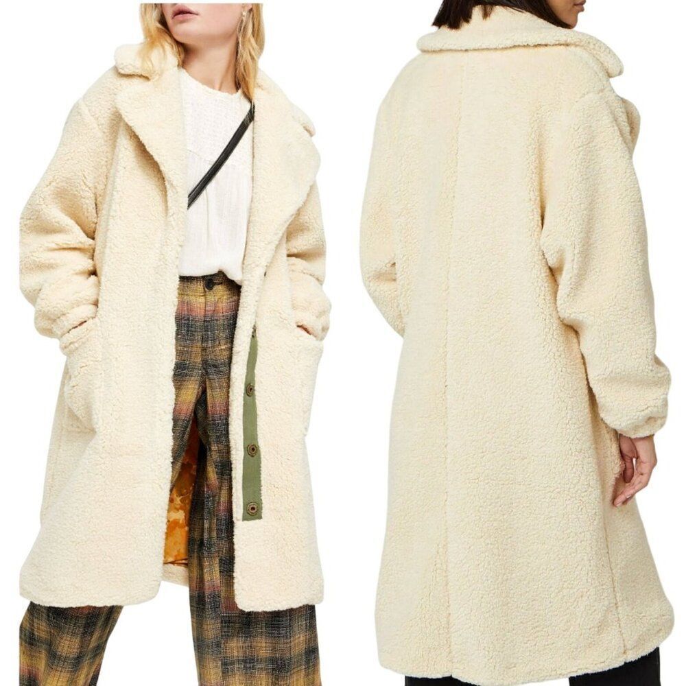 Free People Tessa Teddy Coat M‎ Cream Faux Fur Longline Duster Glam OB1064886